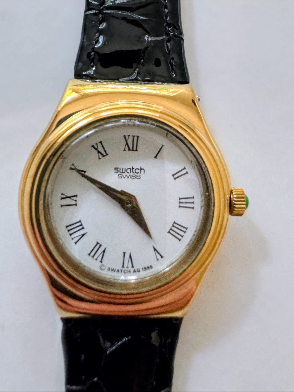 Swatch Watch White Dial with Roman Numerals and Black  patent Strap